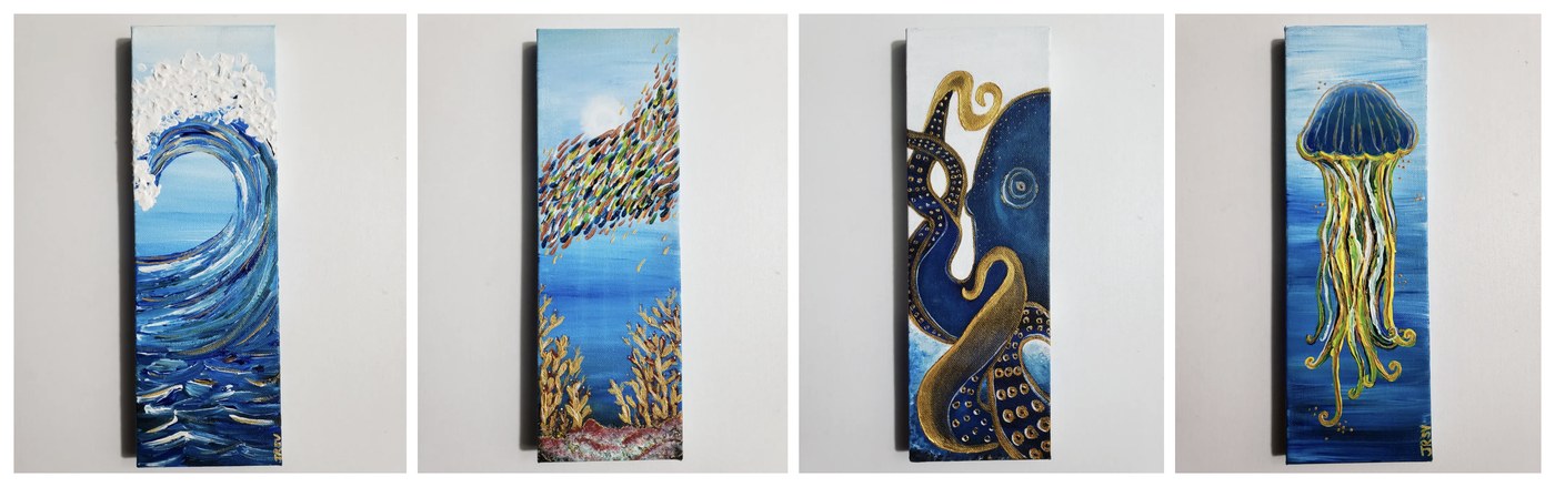Gold Sea, a four-piece ocean collection: wave, shoal, octopus, jellyfish